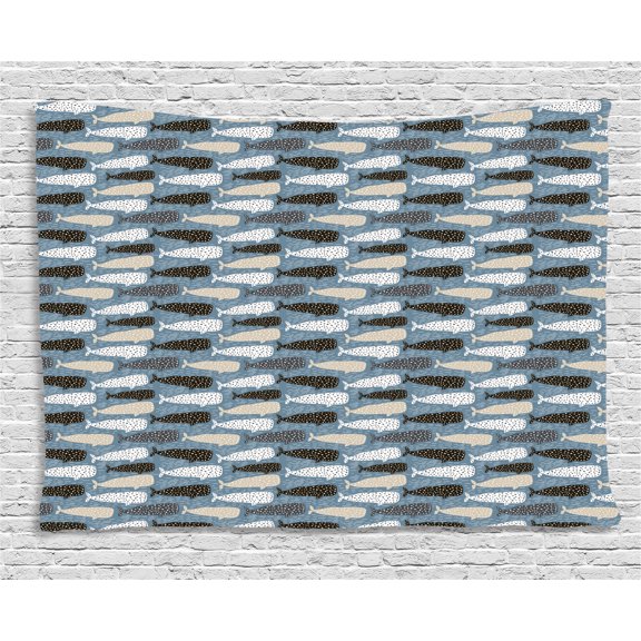 Whale Tapestry, Abstract Art Pattern with Different Colored Silhouettes Hand Drawn Dots and Lines, Wall Hanging for Bedroom Living Room Dorm Decor, 60W X 40L Inches, Multicolor, by Ambesonne