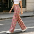thumbnail image 7 of Women's Plaid Straight Leg High Waist Casual Pants, Polyester Pocket Loose Long Trousers, Fashion Summer Bottoms for Daily Shopping Home | TruHer,Pink Free Size, 7 of 7