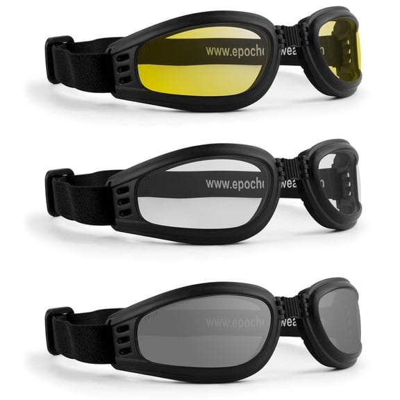 Epoch Eyewear Folding Black Padded Riding Goggles 3 Pair with Clear Yellow & Smoke Lenses