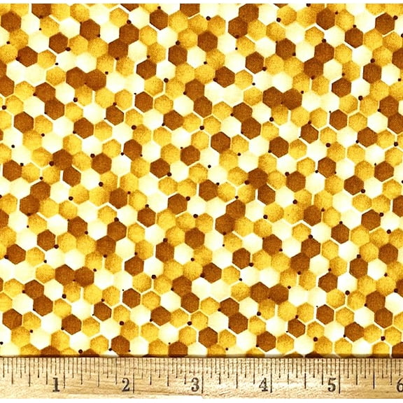 1 Fat Quarter - Bees Honeycomb in Gold & Brown Cotton Fabric - 21" X 18"