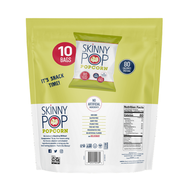SkinnyPop Gluten Free Original Popcorn 0.5 oz Snack Size Bags 10 Count