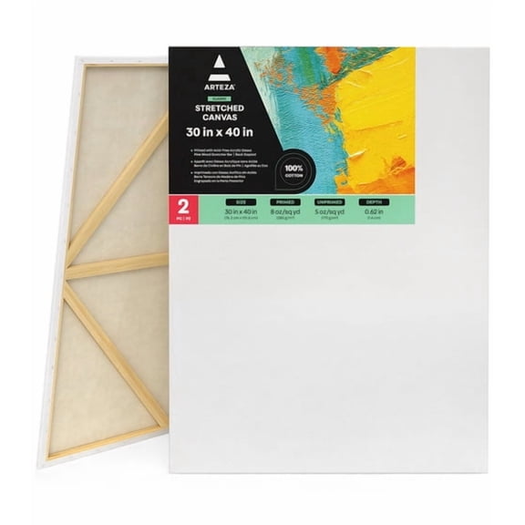 Arteza Stretched Canvas Value Pack, 30" x 40", Blank Canvas Boards for Painting, 2 Pack