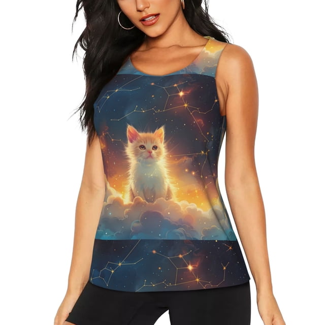 Fotbe Starry Sky Constellation Cat Blusas Sin Mangas para Mujer – Estilo Casual, Corte Suelto, Slim-Fit, Cuello Redondo Deportivo, Tops de Verano para Gimnasio y Yoga-XX-Large