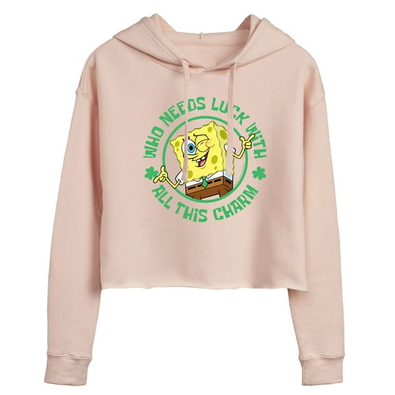 SpongeBob SquarePants - Who Needs Luck With This Charm - Juniors Cropped Pullover Hoodie