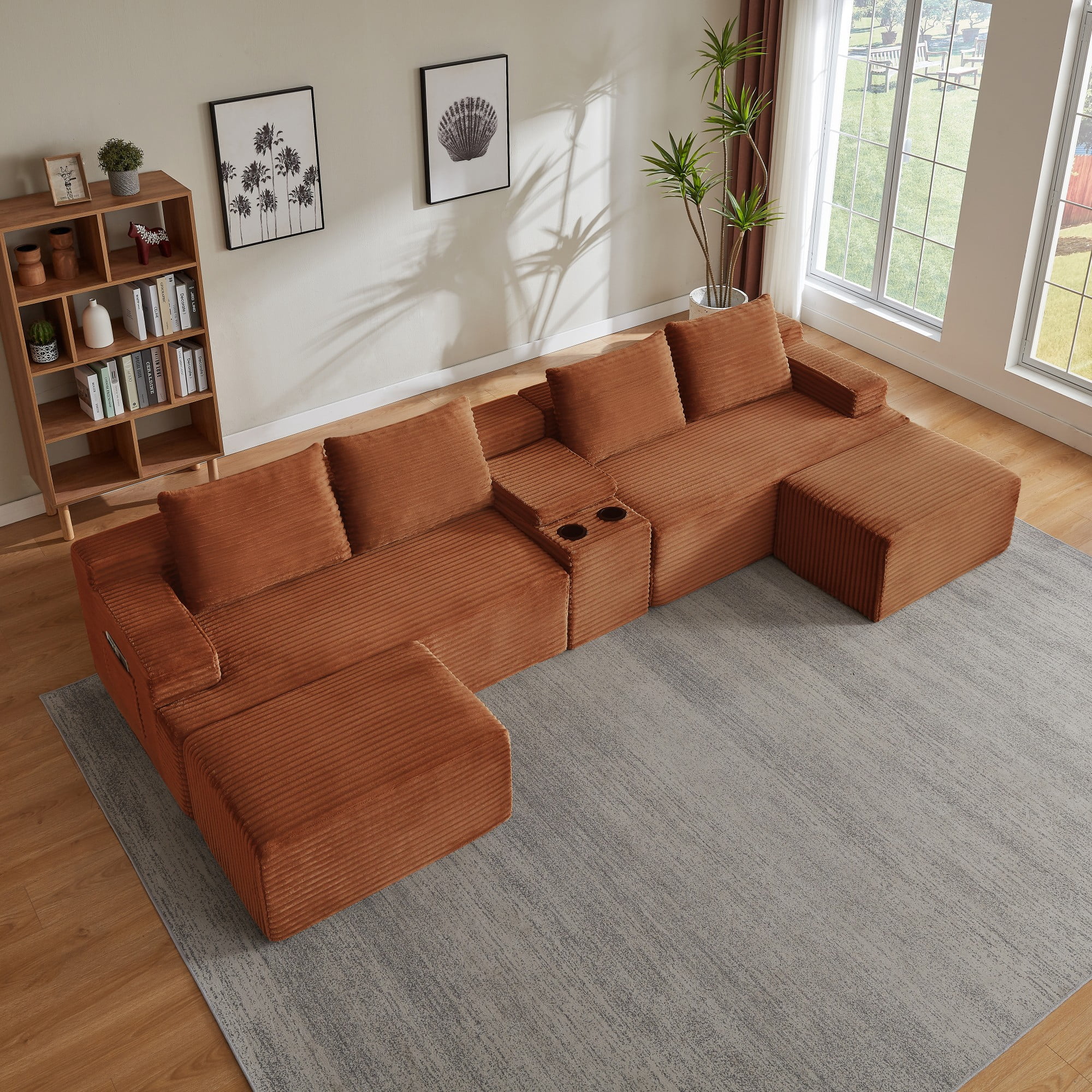 BSHTI 140.6" 5-Seat Corduroy U Shape Sectional Sofa with Cup Holder, Modular Design, No Assembly for Living Room（Orange）