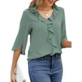 thumbnail image 4 of UVN Chiffon Blouses for Women Dressy Ruffle V Neck Tops Summer Casual 3/4 Sleeve Shirts, 4 of 10