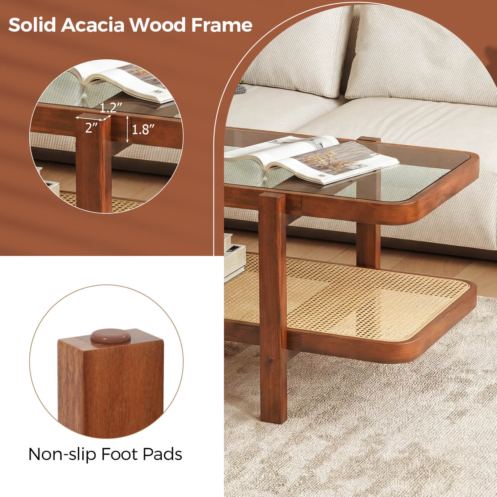 Costway 2-Tier Rustic Coffee Table with Storage Tempered Glass Tabletop PE Rattan Shelf Brown