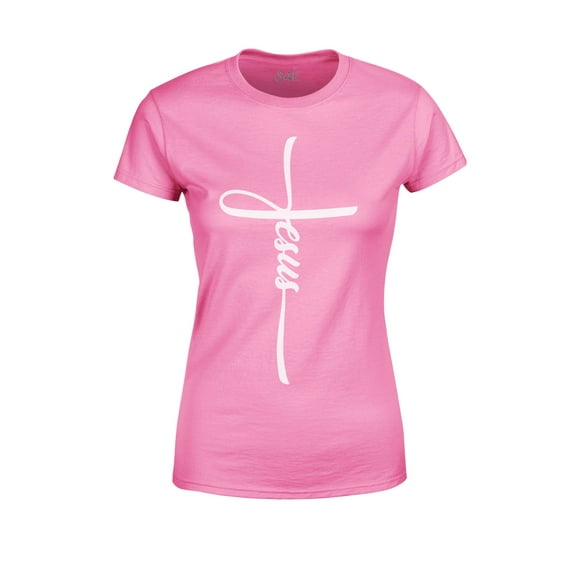 S4E Women's Jesus Cross Religious T-Shirt Medium Azalea Pink
