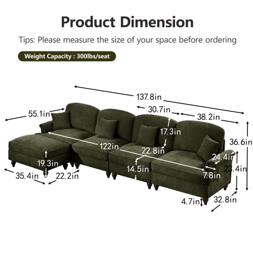 Chenille Sectional Sofa, L Shape 4 Seat Couch with Flared Arms & Removable Ruffles Pleats Skirts, Deep Seat Sofa for Living Room, Green