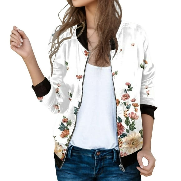 Kcodviy Womens Casual Daily Jackets Womens Wool Blend Jacket Lightweight Zip Up Casual Winter Casual Jacket Women Jacket Floral Print Coat Stand Short Sports Outwear Zipper Tops