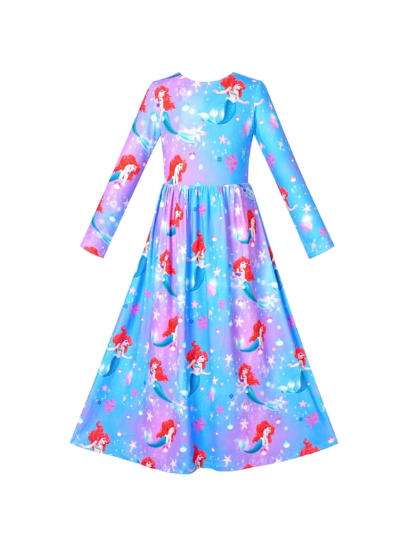 Girls Dress Maxi Mermaid Cosplay Long Sleeve Casual V-neck Bow Tie 8 Years