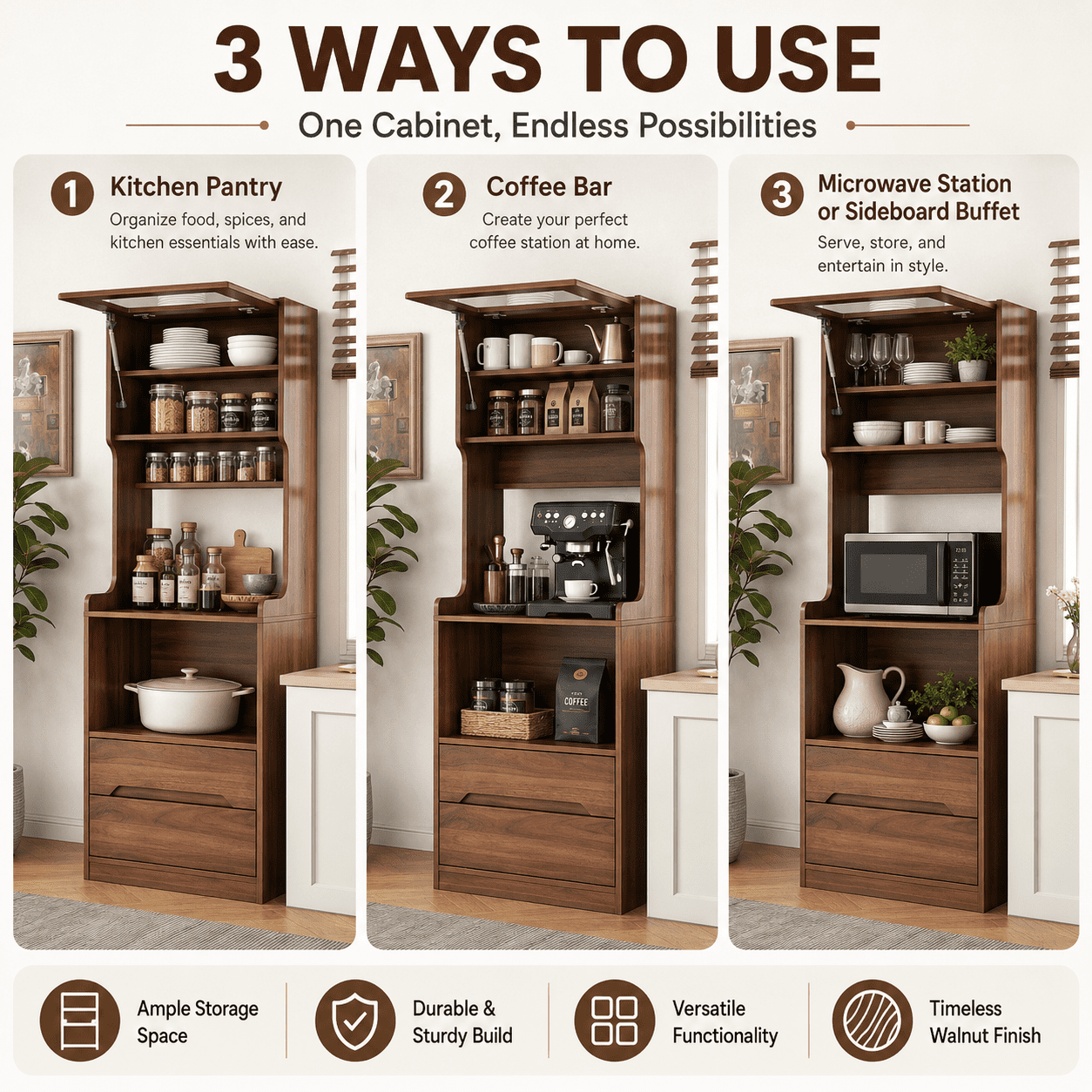 Aukfa 71" Tall Pantry Cabinet with Pull-Out Drawer, Walnut Kitchen Hutch W/Lift-up door Farmhouse Buffet Sideboard