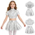 thumbnail image 3 of Aislor Girls 2 Piece Jazz Dance Performance Outfit Mock Neck Short Sleeve Sequins Crop Top with Shiny Tutu Skirt Silver 12, 3 of 7