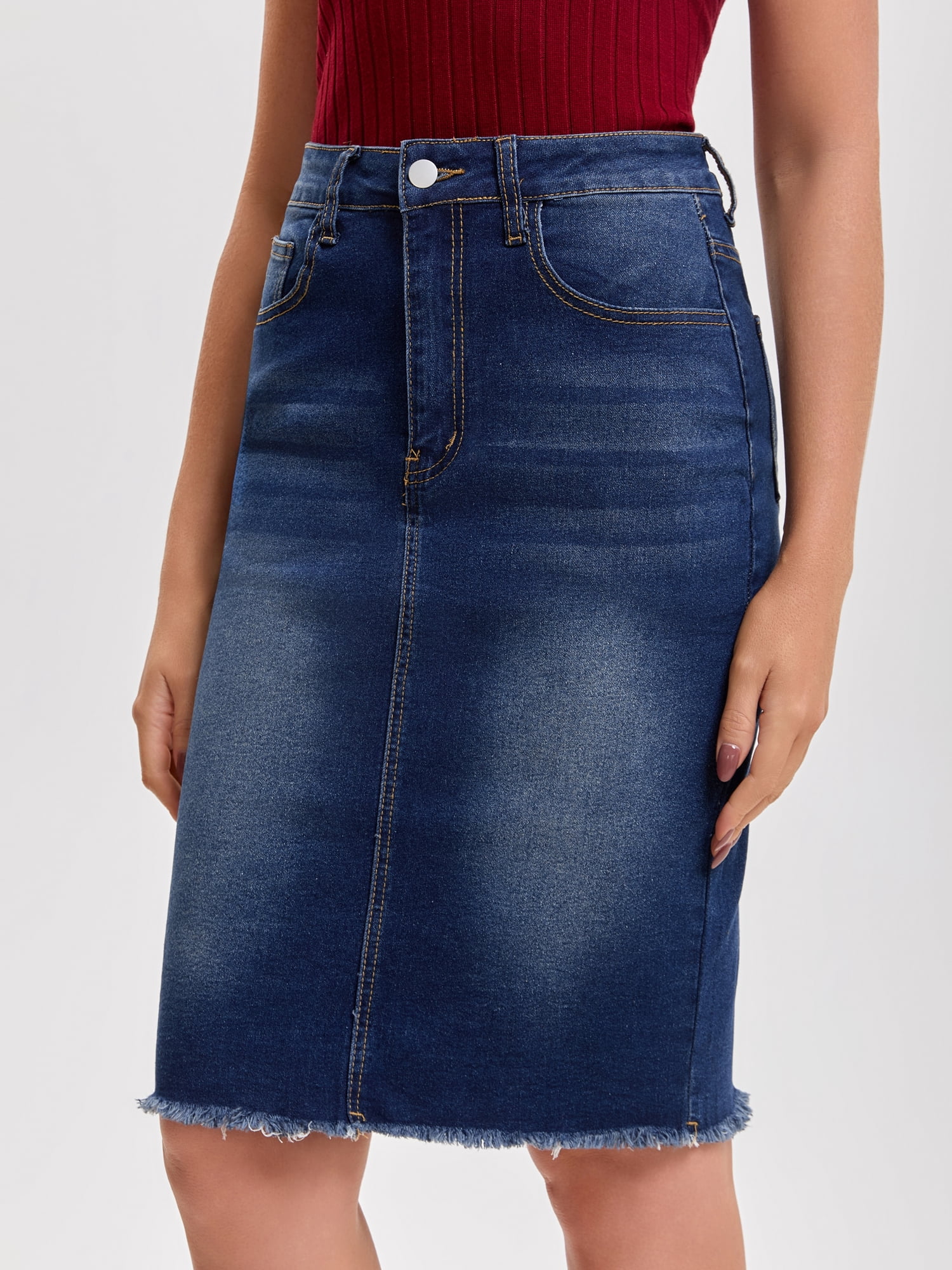 DARING DIVA Women's Denim Raw Hem Pockets Pencil Skirt XX-Large Black Blue