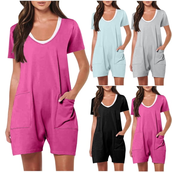 Fesfesfes Tshirts Shirts for Women Graphic Women Summer Casual Short Sleeve Rompers Loose Shorts Overalls Jumpsuit With Pockets Workout Shirts Women S(US:4)