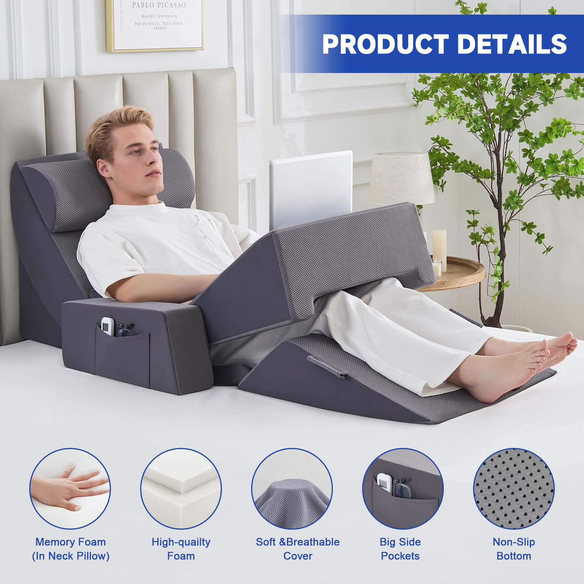 Wedge Pillow Set  9pcs Adjustable Memory Foam Neck Leg Reading With Breathable Seersucker Dark Grey