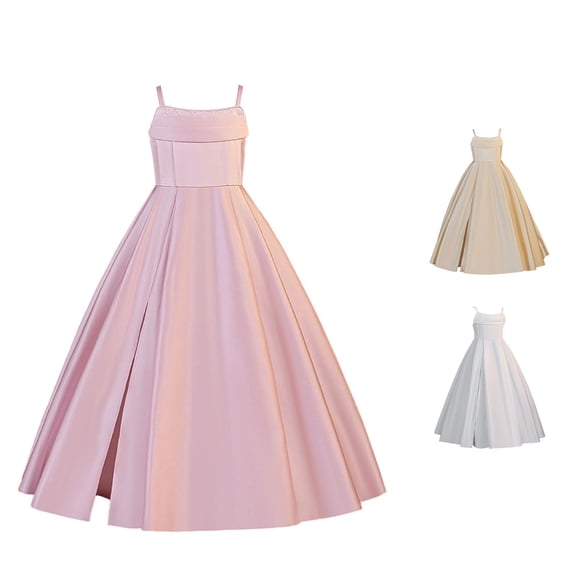 Ulitacool Teen Girls Dress Sleeveless Round Neck Gown Solid Color Flower Girl Dresses For Weddings And Parties Durable Wear 11-12 Years Pink