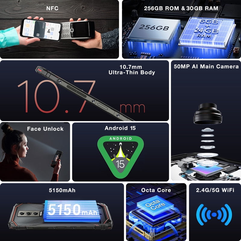 DOOGEE Blade10 Pro Rugged Phone,10.7mm Ultra-Thin,30GB+256GB/TF 2TB,6.56”HD+90Hz Rugged Smartphone,5150mAh Android 15,50MP+8MP Camera,NFC/Face ID/IP68/IP69K/3 Card Slot