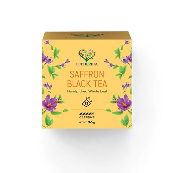 Eupherbia Saffron Black Tea, Handpicked, Highland Grown Whole Leaf Tea, Saffron Enriched, 12 Sachets