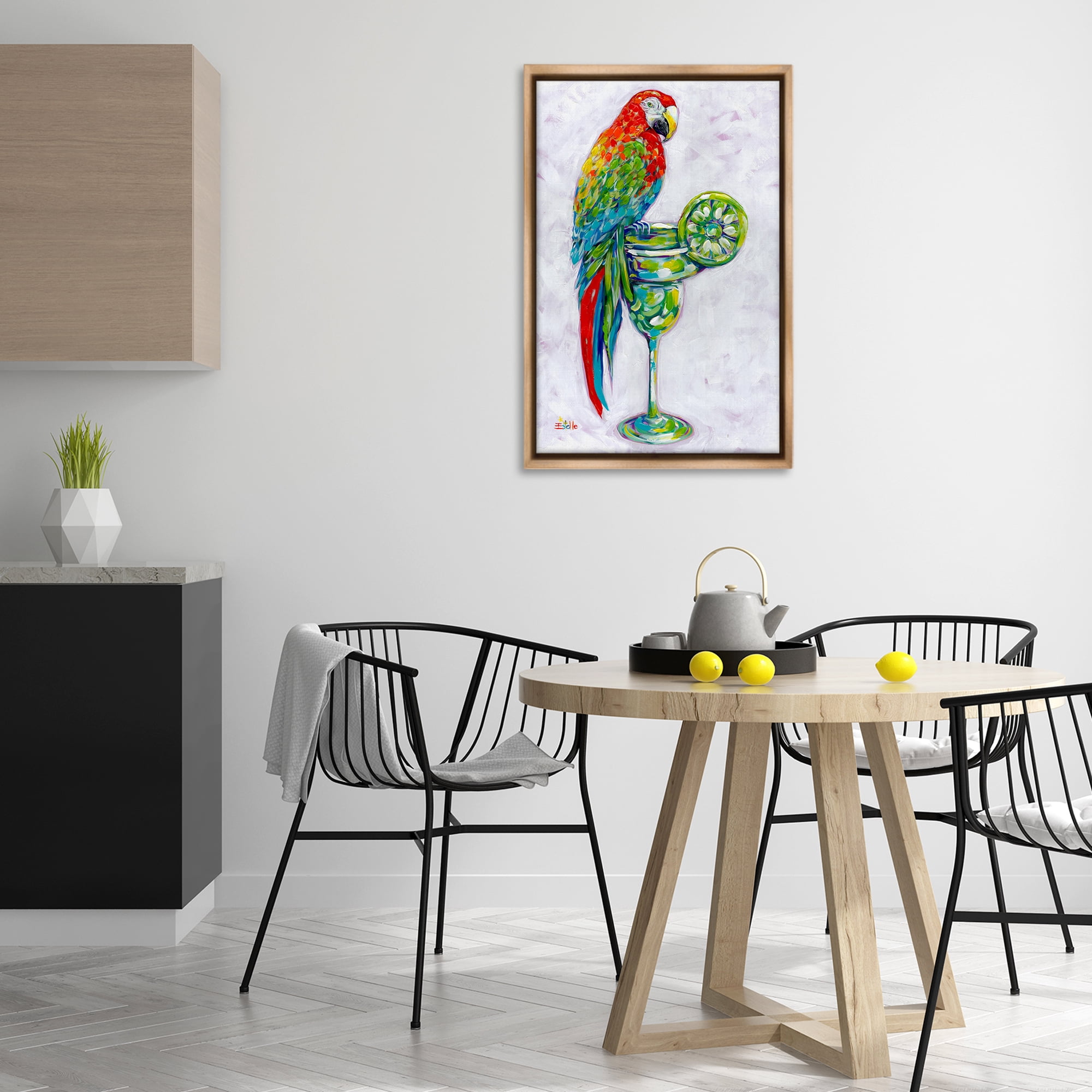 Stupell Industries Margarita Parrot Perched Food & Beverage Painting Brown Floater Framed Canvas Art Print Wall Art, 21 x 31