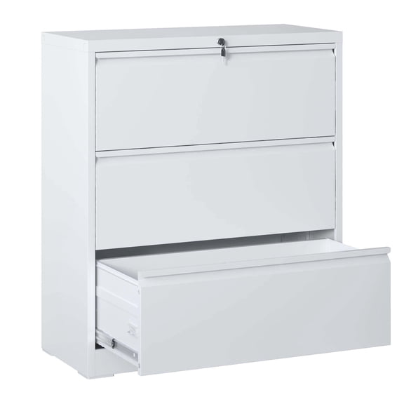 Lateral File Cabinet 3 Drawer, White Filing Cabinet With Lock, Lockable File Cabinet For Home Office, Locking Metal File Cabinet For Legal/Letter/A4/F4 Size