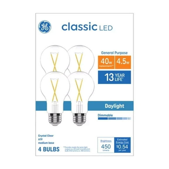 GE Classic A19 LED Light Bulbs, General Purpose Bulbs, 40 Watt Replacement, Daylight (4 Pack)