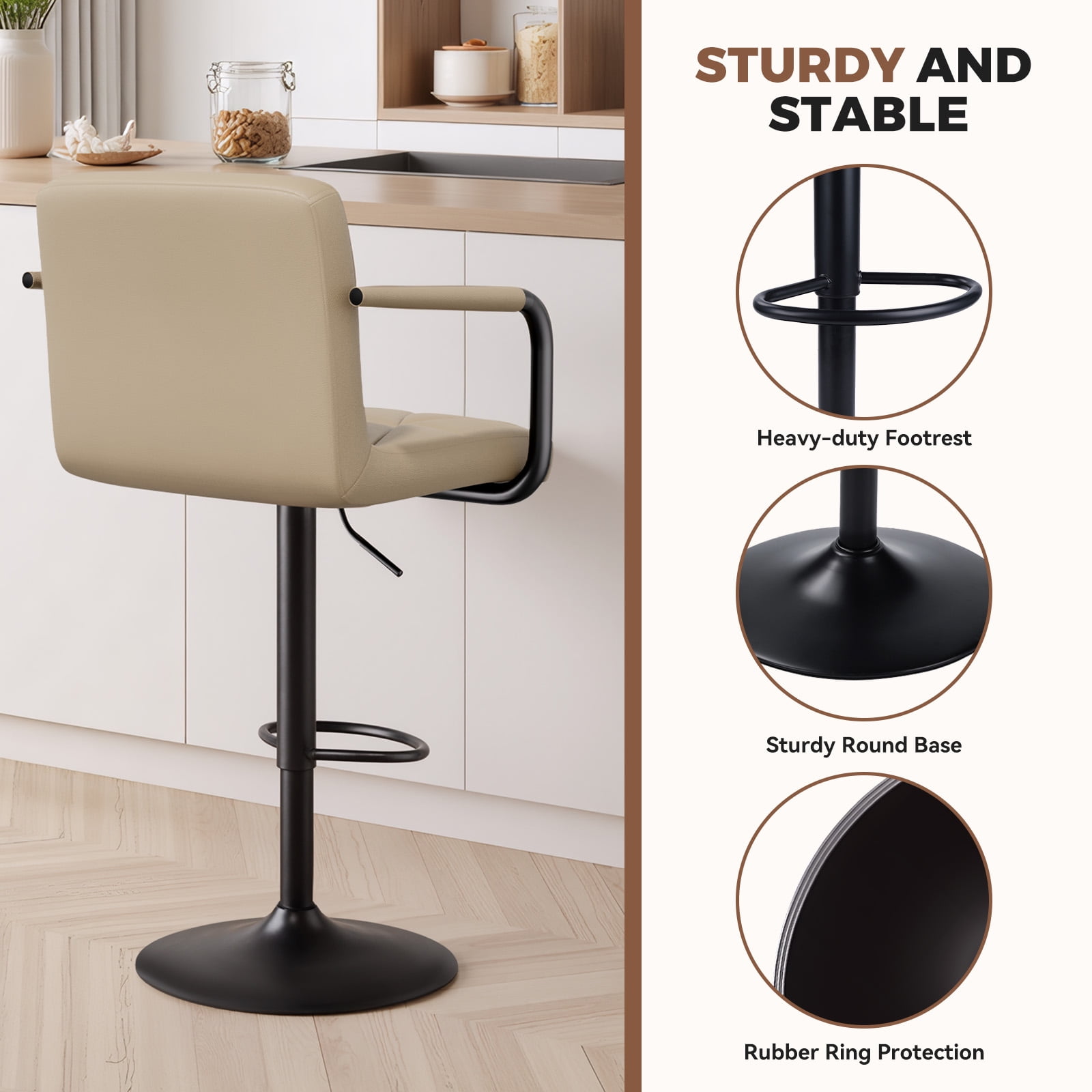 Daluvenix Bar Stools Set of 2， PU Leather Adjustable Swivel Barstools，Hydraulic Counter Height Bar Chairs with Armrest Back for Kitchen Island，Khaki