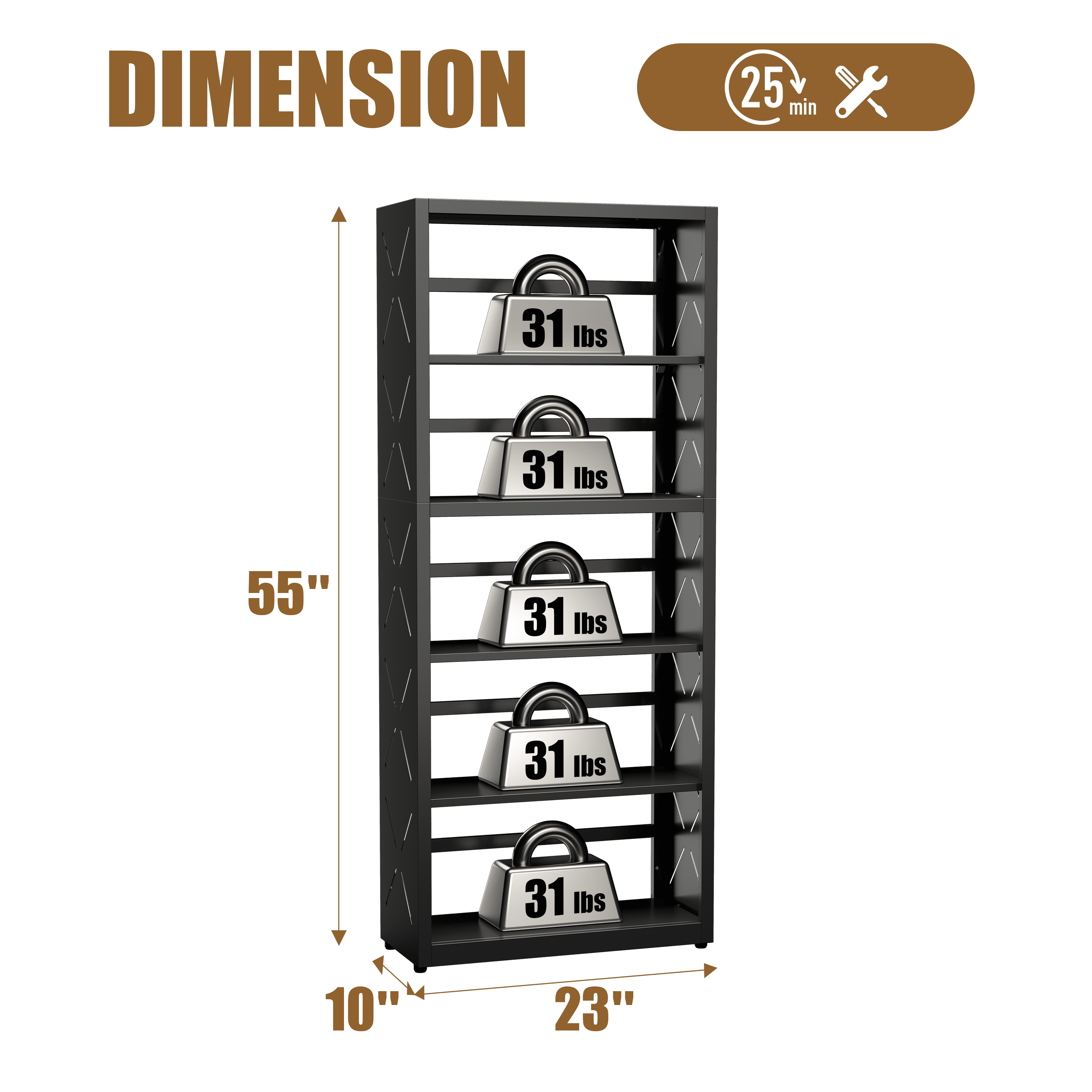 Polup 5-Tier Metal Shelves Bookcase with Bookends Industrial Adjustable Freestanding Black 1-Pack 55 in H x 23 in W