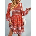 thumbnail image 2 of Liacowi Women Boho Mini Dress Flower Print V Neck Long Sleeve Flowy Dress Elastic Waist Short Dress, 2 of 7