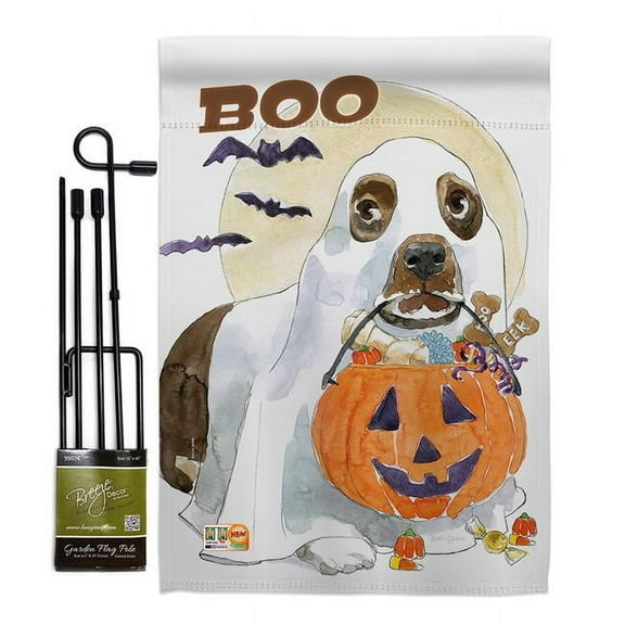 Breeze Decor BD-HO-GS-112086-IP-BO-D-US18-WA 13 x 18.5 in. Halloween Boo Doggie Fall Vertical Double Sided Mini Garden Flag Set with Banner Pole