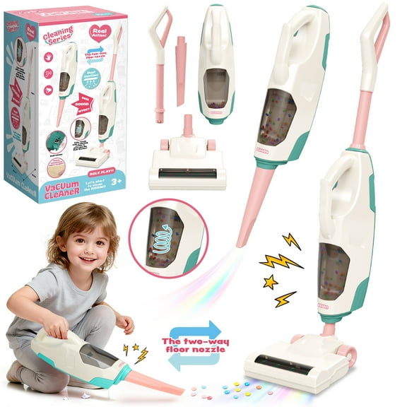 UQN Kids Vacuum Really Works, 2 In 1 Toddler Toy Cleaning Set , Kids Vacuum Cleaner Toy with Real Suction,Sound,2 Nozzles, Pretend Play Cleaning Toy Vacuum for Toddlers 1-3, Gift for Girls Ages 3-6.