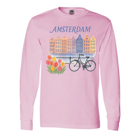 Inktastic Amsterdam Cityscape with Bicycle and Tulips Long Sleeve T-Shirt