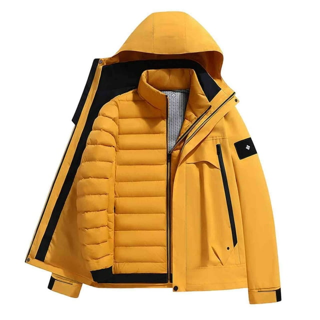 Lovzfmll Unisex Down Jacket Hooded Detachable Liner Windproof Quilted Pockets Gold, 4XL