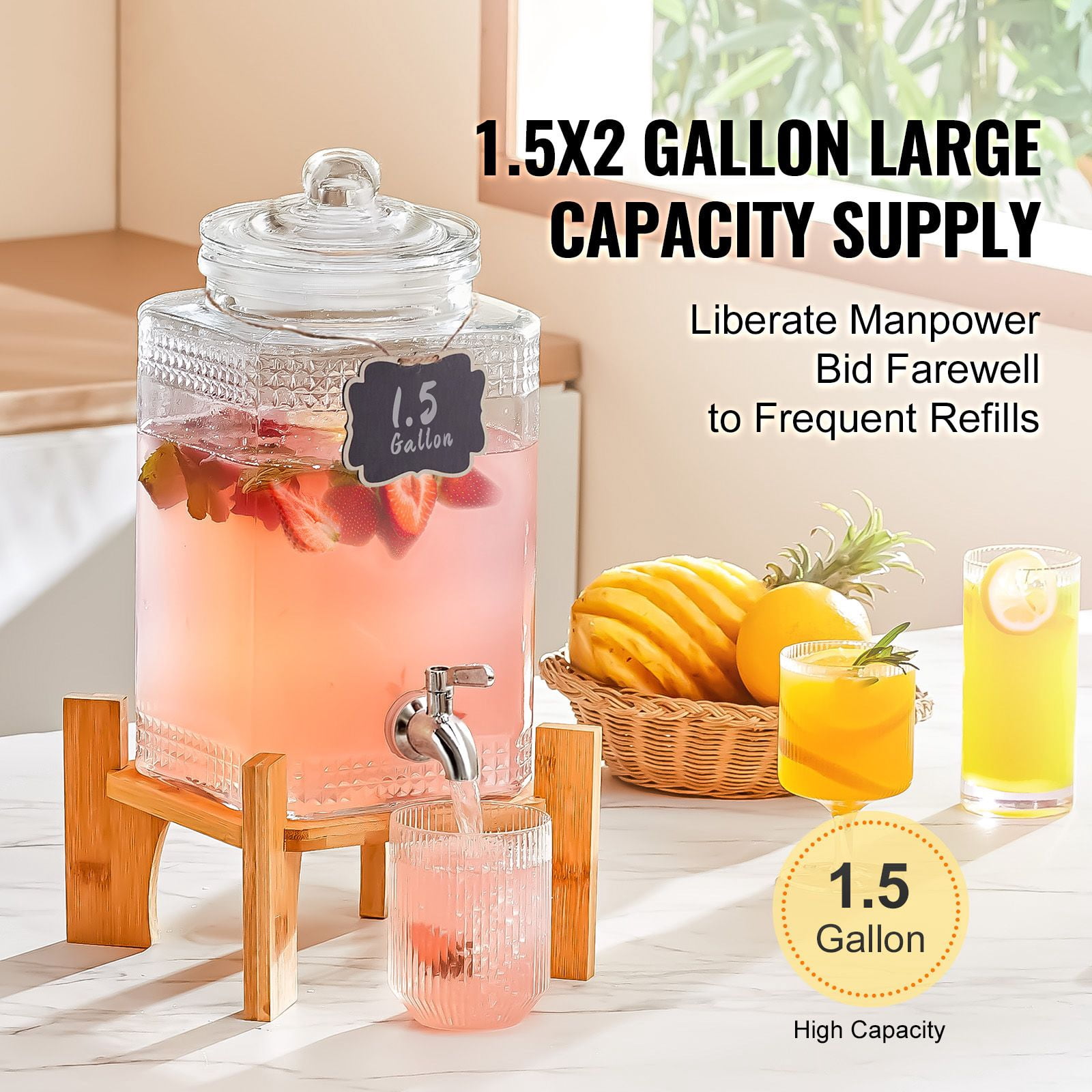 1.5 Gallon Glass Beverage Dispenser with Stainless Steel Spigot, Wooden Stand, Wide Mouth, for Parties Restaurants Hotels