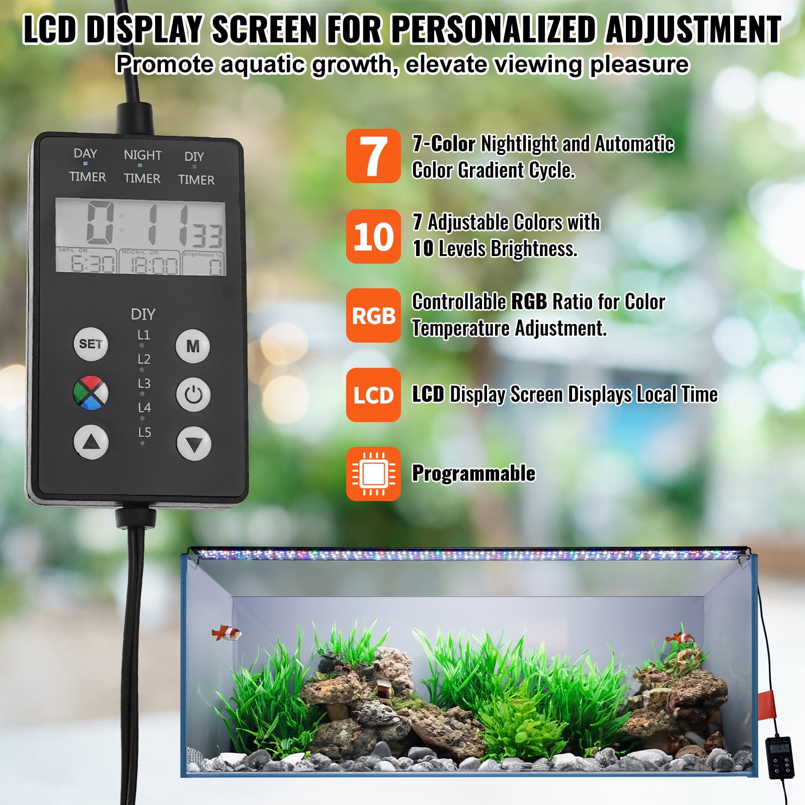 KFFKFF Aquarium Lighting, 42W with LCD Display, Offers Full Spectrum Light, 24/7 Nature Cycle, Brightness Control & Timer, Durable Aluminum Housing with Arms for 48"-54" Freshwater Aquariums