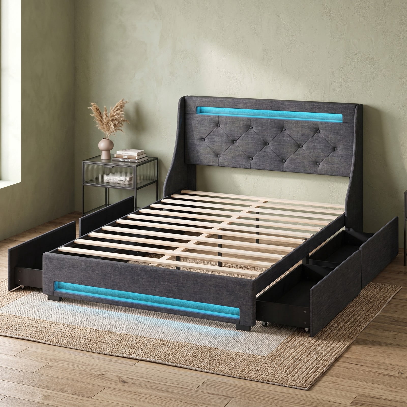 Furnibear Queen Bed Frame Upholstered Platform Bed with LED Lights and Charging Station and 4 Drawers for Bedroom, Gray