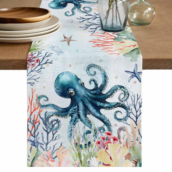 Table Runner 72 Inches Long for Kitchen Dining, Coastal Nautical Octopus Dresser Scarf Farmhouse, Dining Table Decorations for Wedding/Parties, Oceans Corals Starfish Jellyfish 14 x 72 In