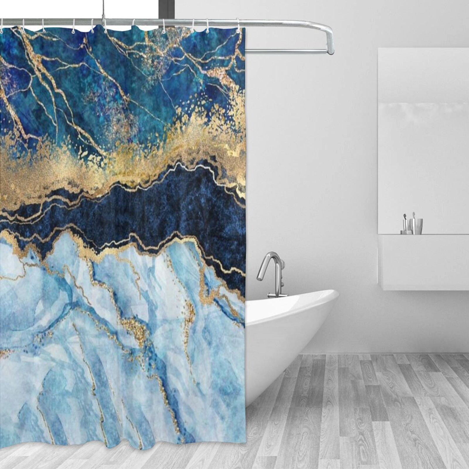 Abstract Marble Leaf Shower Curtain, Blue Gold Art Decor Style Bathtub  Showers Waterproof Polyester Design Decorative Bathroom with 12 Hooks  72*72 