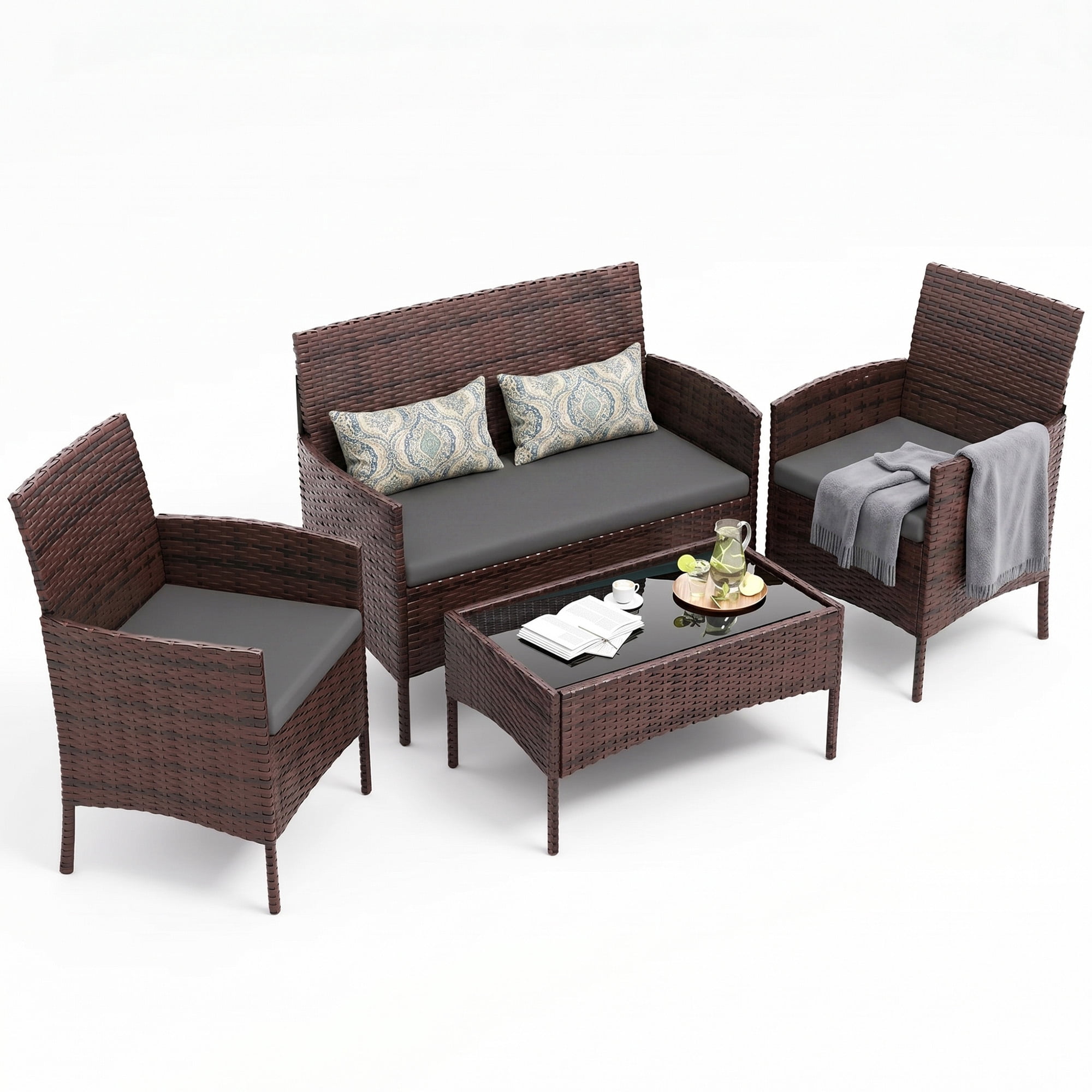 Tappio 4 PCS Outdoor Rattan Furniture Patio Conversation Set, Wicker Sofa Garden Conversation Bistro Sets for Yard, Pool or Backyard, Brown/Dark Gray