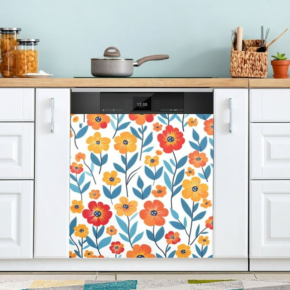 Cute Colorful Floral Flower Dishwasher Magnet Cover Magnetic Fridge Door Cover Home Kitchen Decor 23"x 26"