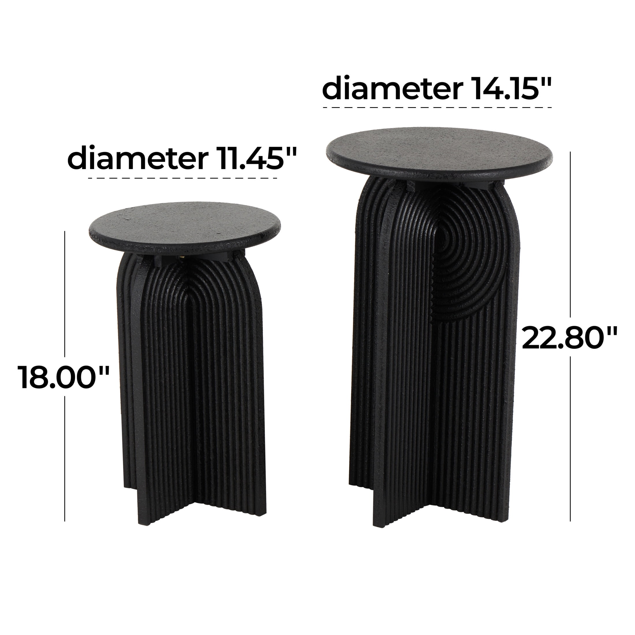 DecMode 11" x 18" Black Wood Sandstone Carved Art Deco Arched Pedestal Geometric Accent Table, 2-Pieces