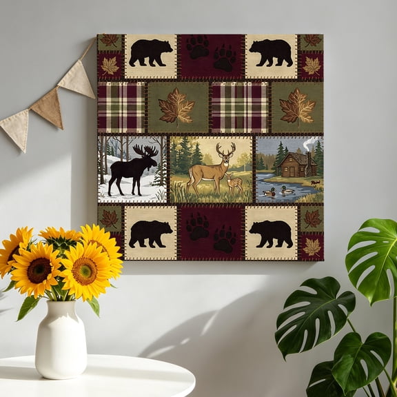Boho Bear Deer Canvas Wall Art, Rustic Cabin Country Forest Mountain Leaf Framed Canvas Wall Decor Picture Print Artwork Decorations for Living Room Office Ready to Hang 16" x 16"