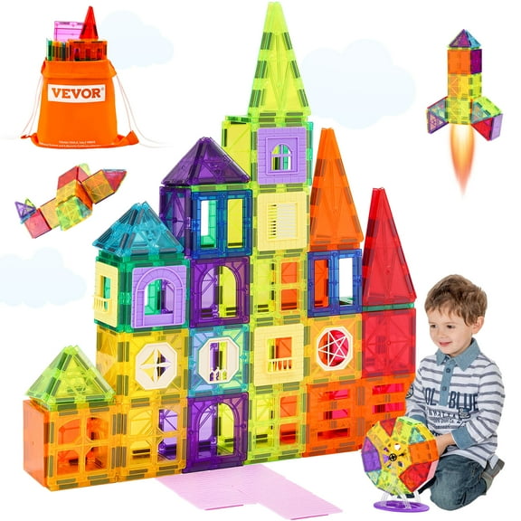 VEVOR Magnetic Tiles,181 PCS Magnetic Building Blocks for Kids, Magnet Building Set with Car Bases/Ferris Wheel/Letter & Digital Cards, STEM Construction Stacking Toys for Toddlers Boys Girls Aged 5 