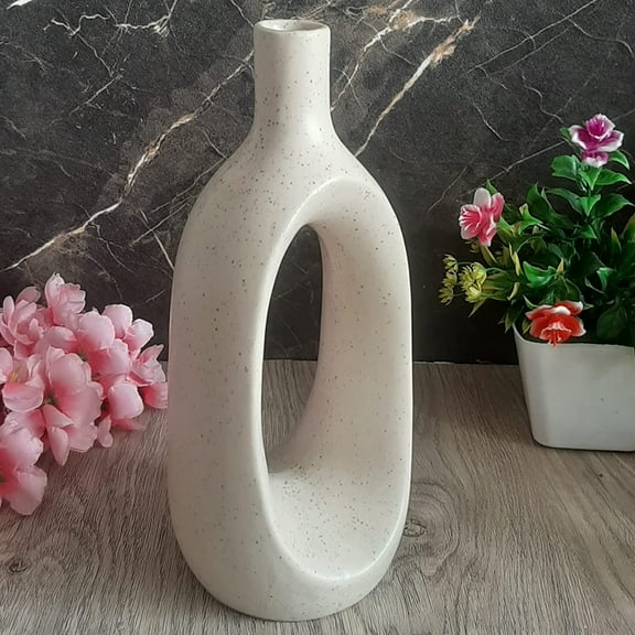 India Meets India Ceramic Vase [Off-White], Modern Minimalistic Hollow Design Decorative & Pampas Dried Flowers Vase for Home Decoration/Living Room/Bedroom/Office/Table/Bookshelf, 11 INCHES