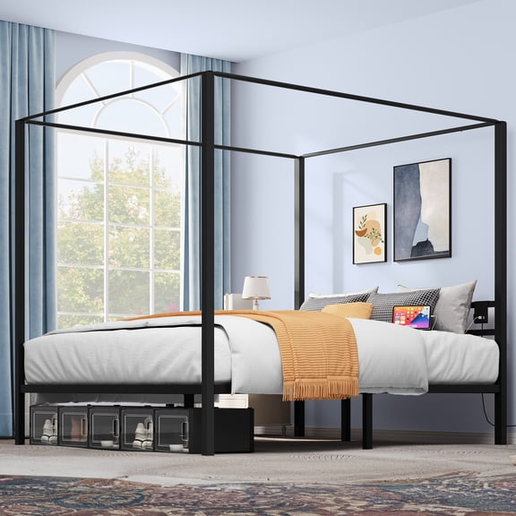 Uforic Queen Canopy Bed Frame, 4-post Headboard & Footboard, Storage, No Box Spring Needed, Black