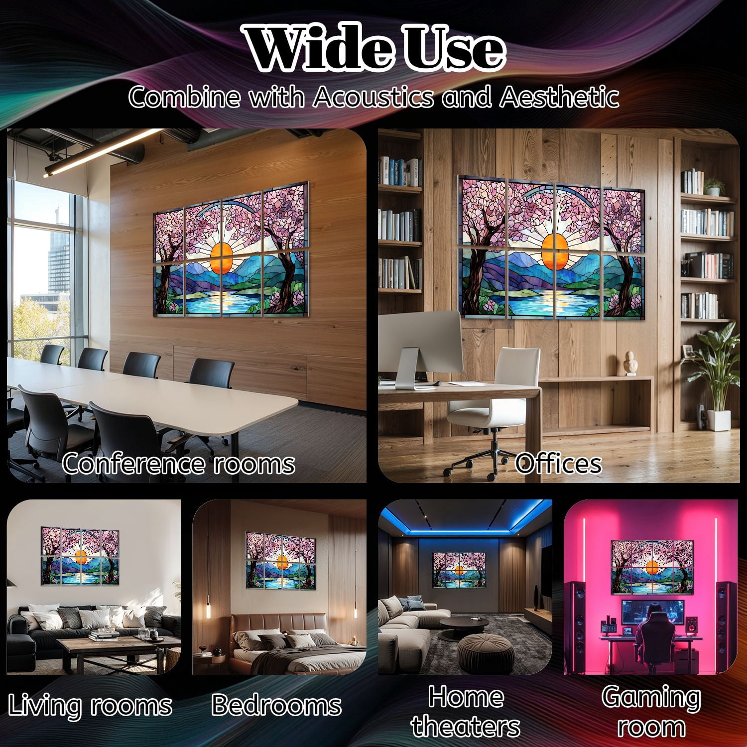 Stained Glass Style 8 Pack Art Acoustic Panels Sound Absorbing Cherry Blossom Trees Mountain Decorative Soundproof Wall Panels Self Adhesive for Nursery Game Room Bedroom 48"x32"