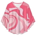 thumbnail image 4 of Pink Abstract Wavy Design Women's V-Neck Blouse With 3/4 Ruffled Bell Sleeves Casual Top Ladies Blouses, 4 of 7