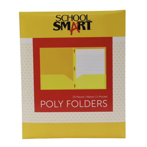 School Smart Carpeta de poliéster de dos bolsillos, pesada, con cierres, color amarillo, paquete de 25