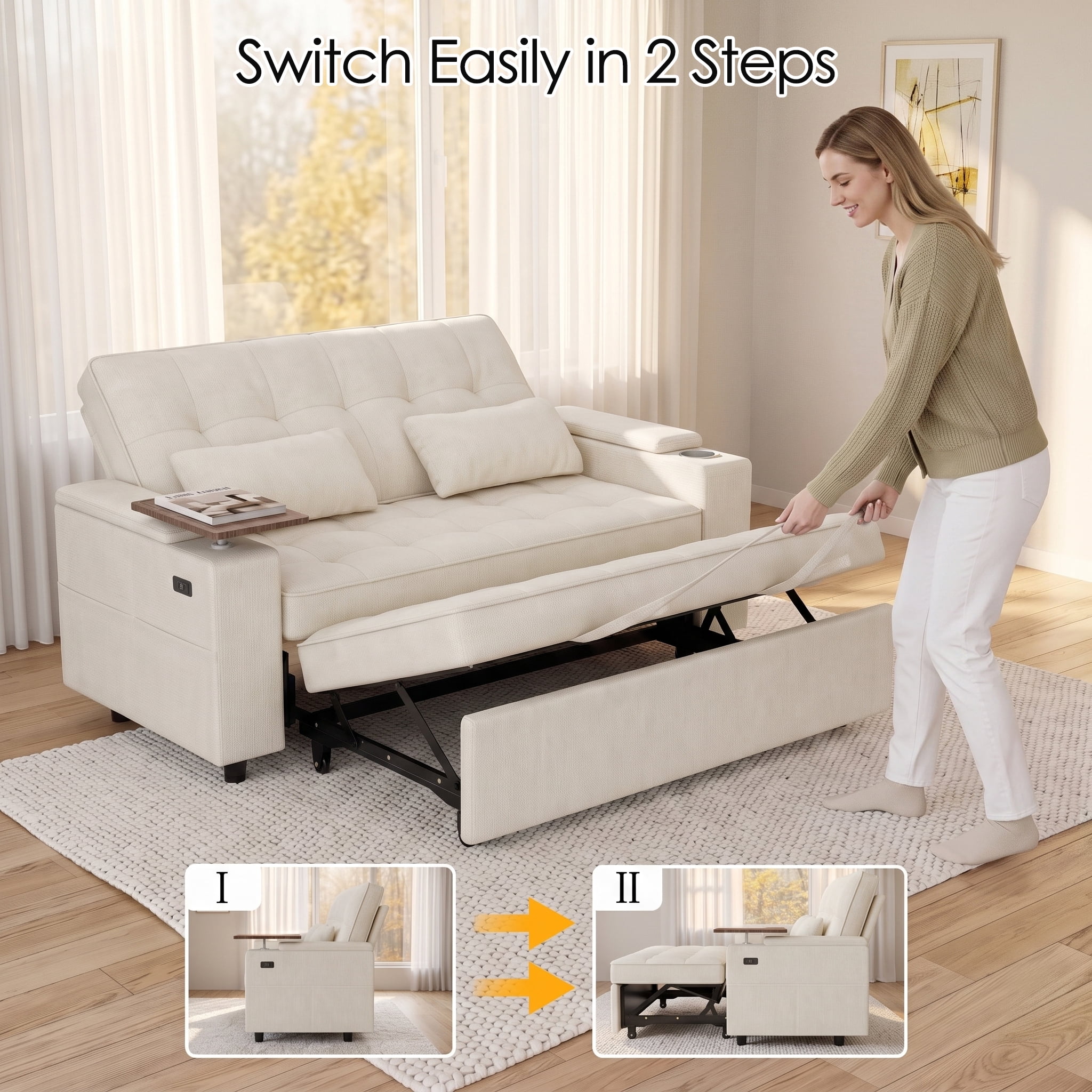 Xiweot 65" Sleeper Sofa Bed, 3-in-1 Convertible Chenille Futon Couch, Loveseat Sofa with Adjustable Backrest, Pull out Couch with Storage Armrest, Table & Pillows for Living Room Apartment (Beige)