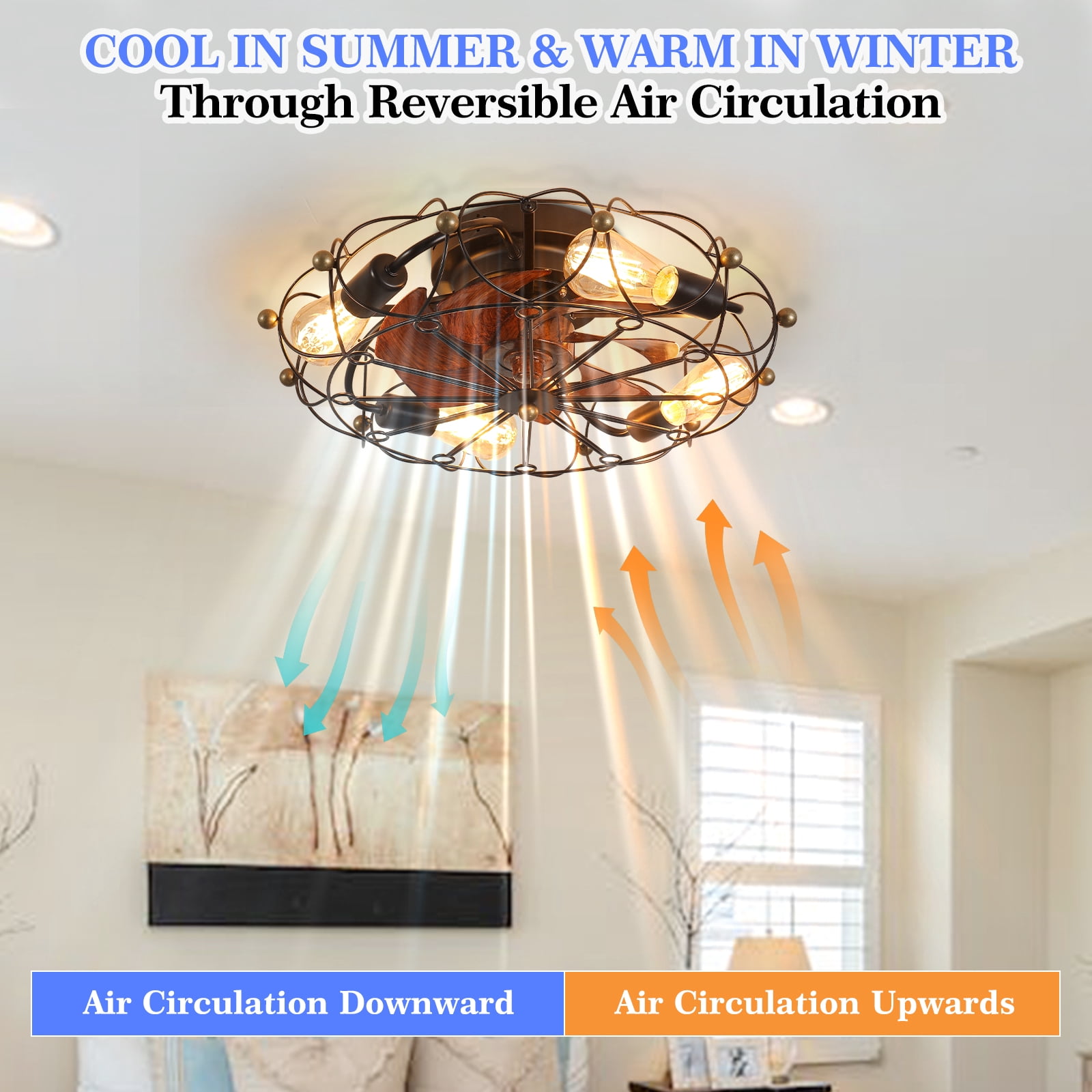 Lighted ceiling fan,19.7-inch low-profile ceiling fan with guard, small recessed LED light fixture and remote control, suitable for bedrooms, kitchens, and living rooms (black)
